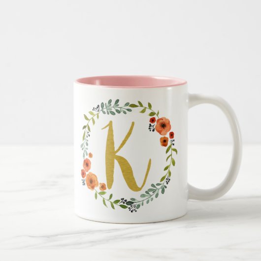 Initial K der Botanischen Blume Wreath Gold Monogr Zweifarbige Tasse (Rechts)