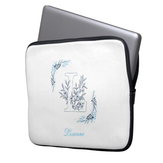 Initial "L" Blue Monogram Calm Floral Laptopschutzhülle (Vorderseite Links)