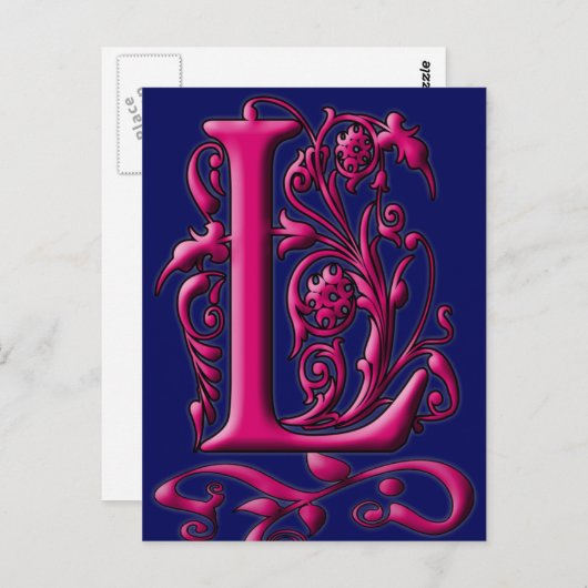 Initial L Fuschia Navy Monogram Card Postkarte (Vorne/Hinten)