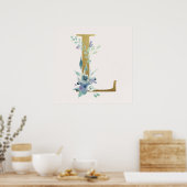 Initial L Golden and Blue Floral Monogram Poster (Küche)