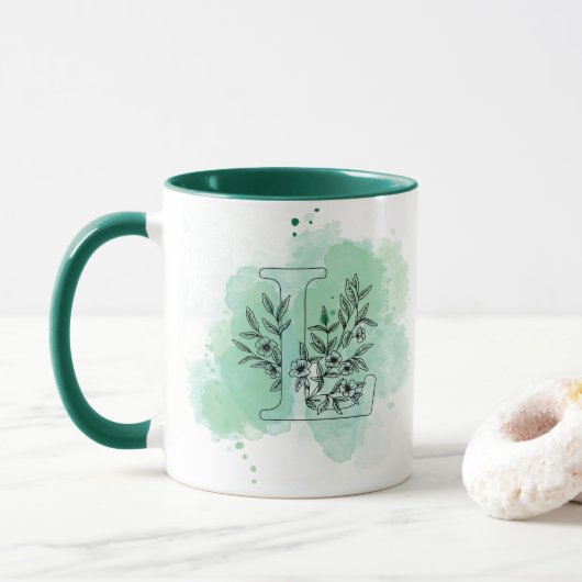Initial L Watercolor Monogram Green Botanical Tasse (Mit Donut)