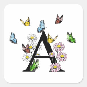 Initial Letter A Floral Butterfly Monogram Quadratischer Aufkleber