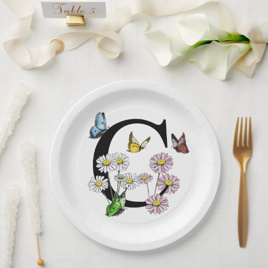 Initial Letter C Floral Butterfly Monogramm Pappteller (Hochzeit)