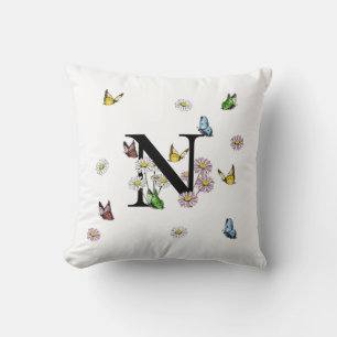 Initial Letter N Floral Butterfly Monogramm Kissen