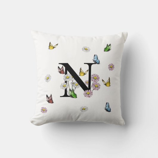 Initial Letter N Floral Butterfly Monogramm Kissen (Vorderseite)