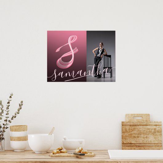 Initial Letter Pink Script Foto Name Monogram Poster (Küche)