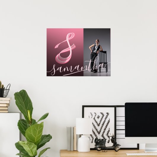 Initial Letter Pink Script Foto Name Monogram Poster (Heimbüro)