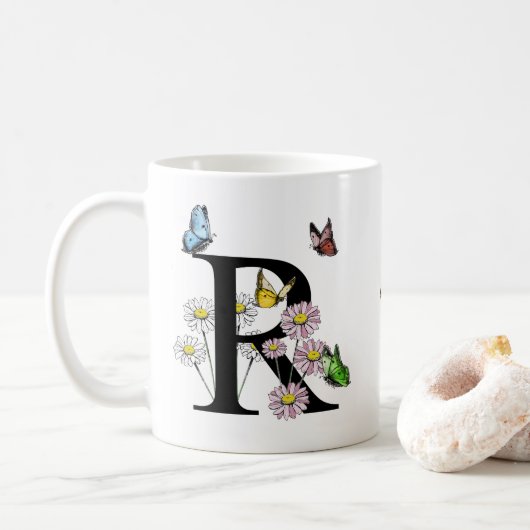 Initial Letter R Floral Butterfly Monogramm Kaffeetasse (Mit Donut)
