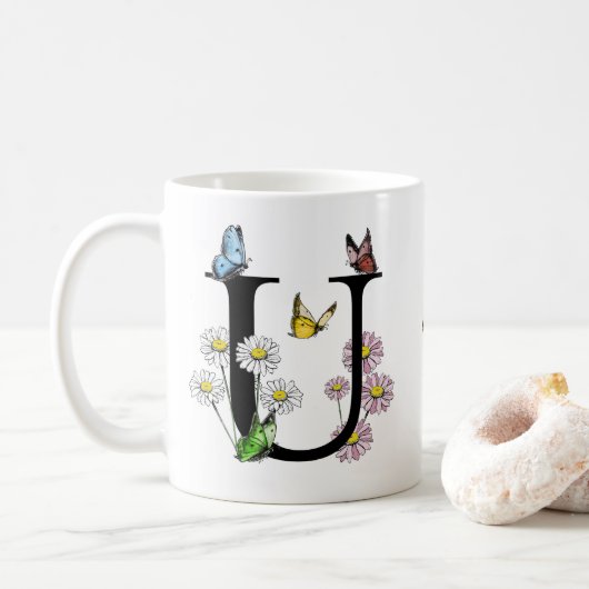 Initial Letter U Floral Butterfly Monogramm Kaffeetasse (Mit Donut)