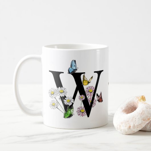 Initial Letter W Floral Butterfly Monogramm Kaffeetasse (Mit Donut)