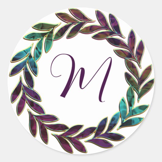 Initial lila Blue Green Wreath Design Monogram Runder Aufkleber (Vorderseite)