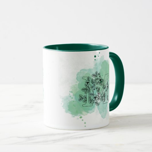 Initial M Aquarellmonogramm Grün Botanisch Tasse (VorderseiteRechts)