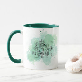 Initial M Aquarellmonogramm Grün Botanisch Tasse