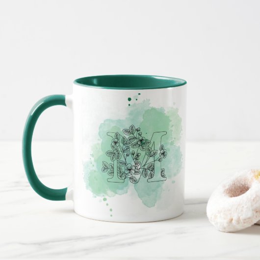 Initial M Aquarellmonogramm Grün Botanisch Tasse (Mit Donut)