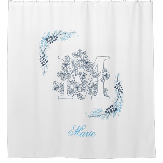 Initial "M" Blue Monogram Calm Floral Duschvorhang (Vorderseite)
