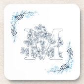 Initial "M" Blue Monogram Calm Floral Getränkeuntersetzer (Vorderseite)