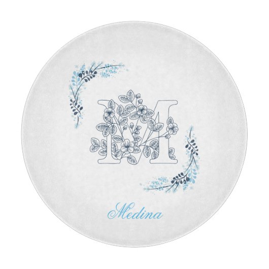 Initial "M" Blue Monogram Calm Floral Schneidebrett (Vorderseite)