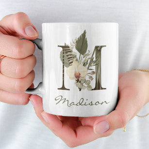 Initial M Boho Floral Orchid Greenery Individuelle Kaffeetasse