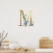Initial m Golden and Blue Floral Monogram Poster (Küche)