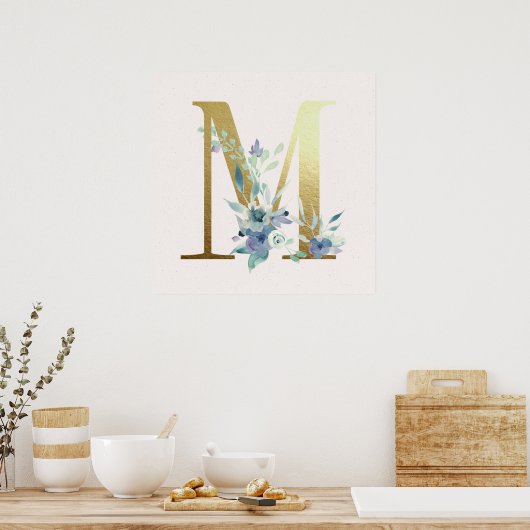 Initial m Golden and Blue Floral Monogram Poster (Küche)