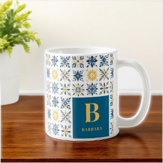Initial Mediterranean Floral Tile-Style Pattern Kaffeetasse