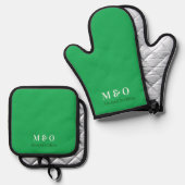 Initial Monogram Couple Name Green Oven Mitt Ofenhandschuh & Topflappen-Set (Vorderseite/Rückseite)