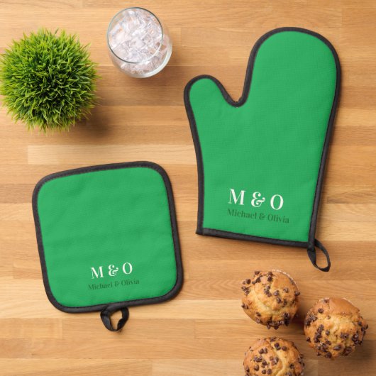 Initial Monogram Couple Name Green Oven Mitt Ofenhandschuh & Topflappen-Set (Oben Unten)