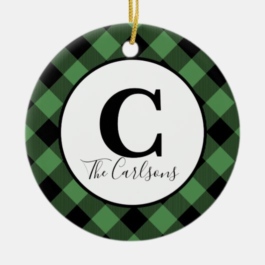 Initial Monogram Foto Green Black Buffalo Kariert Keramik Ornament (Vorne)