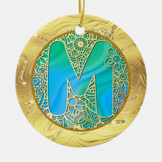 Initial Monogram M Christmas - Gold, Teal & Blue Keramik Ornament (Vorne)