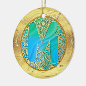 Initial Monogram M Christmas - Gold, Teal & Blue Keramik Ornament (Links)