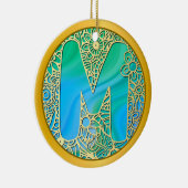 Initial Monogram M Christmas - Gold, Teal & Blue Keramik Ornament (Rechts)