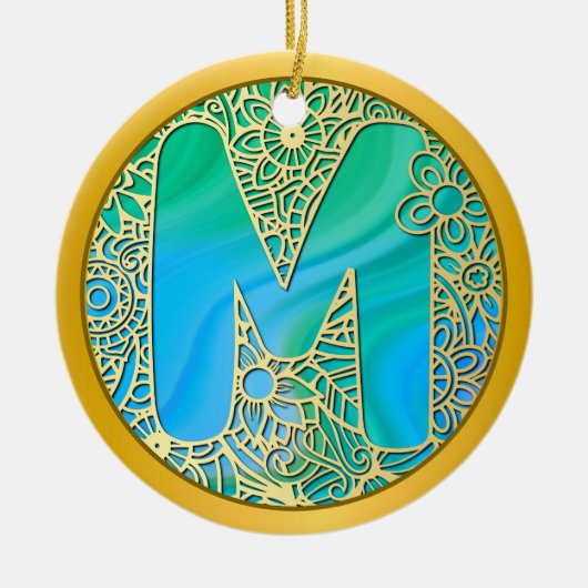 Initial Monogram M Christmas - Gold, Teal & Blue Keramik Ornament (Vorne)