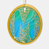 Initial Monogram M Christmas - Gold, Teal & Blue Keramik Ornament (Links)