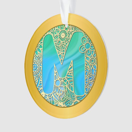 Initial Monogram M Christmas - Gold, Teal & Blue Ornament (Vorderseite)