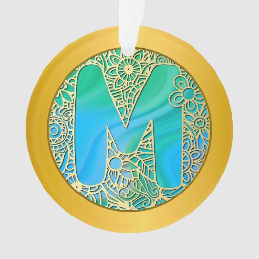 Initial Monogram M Christmas - Gold, Teal & Blue Ornament (Vorderseite)