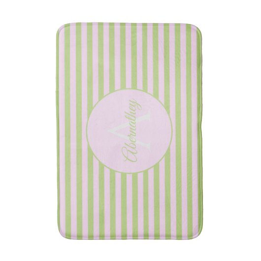 Initial Monogram & Name Pastel Pink Green Striped Badematte (Vorderseite Vertikal)
