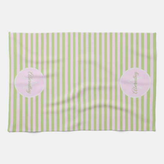 Initial Monogram & Name Pastel Pink Green Striped Geschirrtuch (Horizontal)