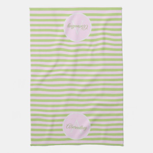 Initial Monogram & Name Pastel Pink Green Striped Geschirrtuch (Vertikal)
