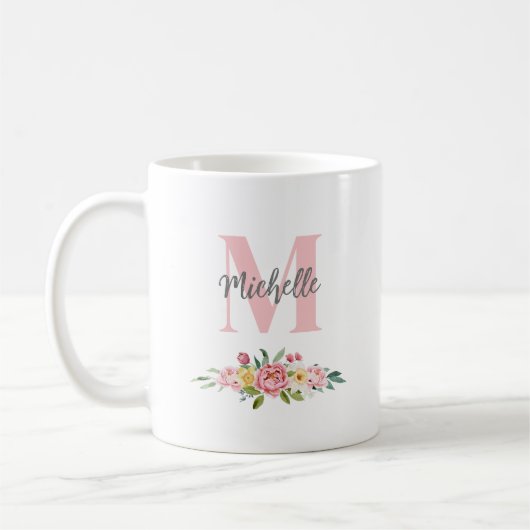 Initial Monogram Script Name Watercolor Blume Kaffeetasse (Links)