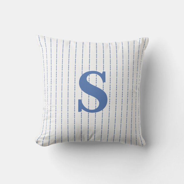 Initial Monogram White and Blue Dot Pinstripe Kissen (Vorderseite)