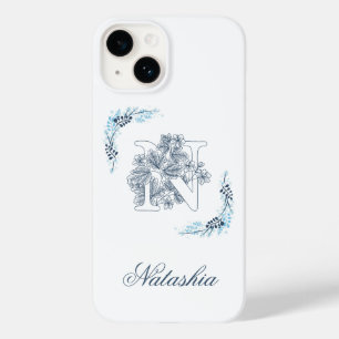 Initial "N" Blue Monogram Calm Floral Case-Mate iPhone 14 Hülle