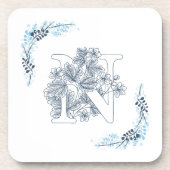 Initial "N" Blue Monogram Calm Floral Getränkeuntersetzer (Vorderseite)