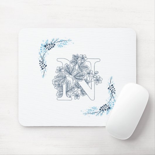 Initial "N" Blue Monogram Calm Floral Mousepad (Mit Mouse)
