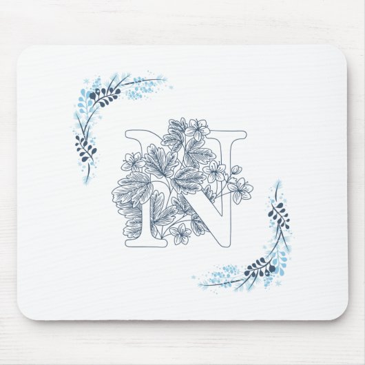 Initial "N" Blue Monogram Calm Floral Mousepad (Vorne)