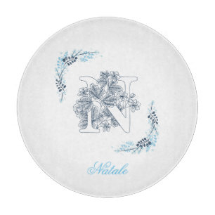 Initial "N" Blue Monogram Calm Floral Schneidebrett