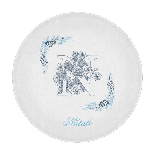 Initial "N" Blue Monogram Calm Floral Schneidebrett (Vorderseite)