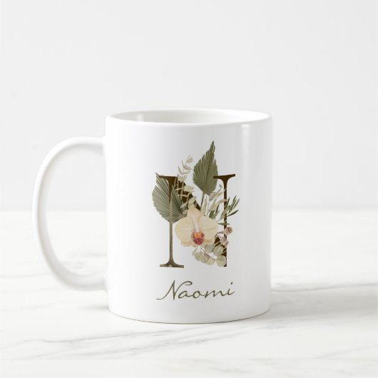 Initial N Boho Floral Orchid Greenery Individuelle Kaffeetasse (Links)