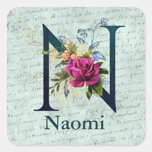 Initial N extravagant florale Monogramm Quadratischer Aufkleber (Vorderseite)