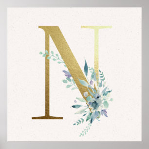 Initial N Golden and Blue Floral Monogram Poster