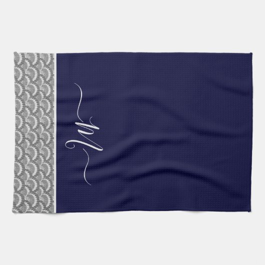 Initial Nautic Navy Blue Gray Seashell Monogram Geschirrtuch (Horizontal)